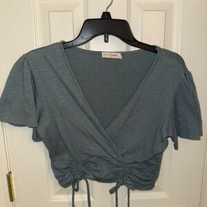 Blue Ruched Crop Top with Flowy Flared Sleeves.